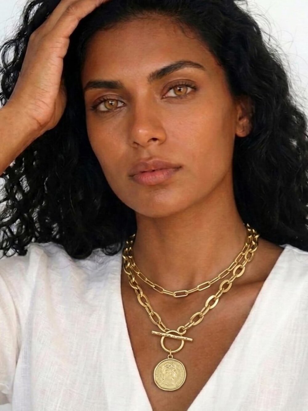 Chunky Coin Antique Gold Plated Thick Link Chain Layered Pendant Necklace for Wo - Picture 2 of 7
